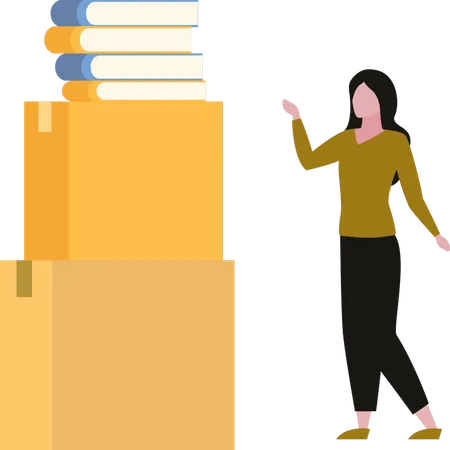 Girl showing cardboard boxes of books  Illustration
