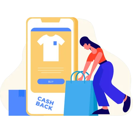 Girl showing cash back shopping  Illustration