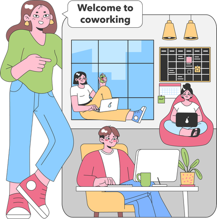 Girl showing co-working space  Illustration