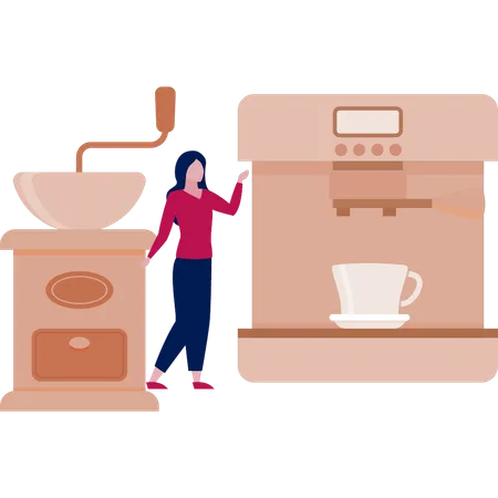 Girl showing coffee grinder  Illustration