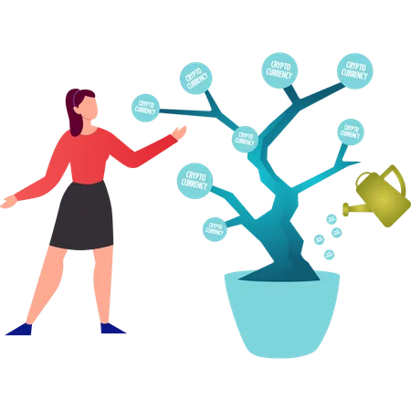 Girl showing cryptocurrency tree  Illustration