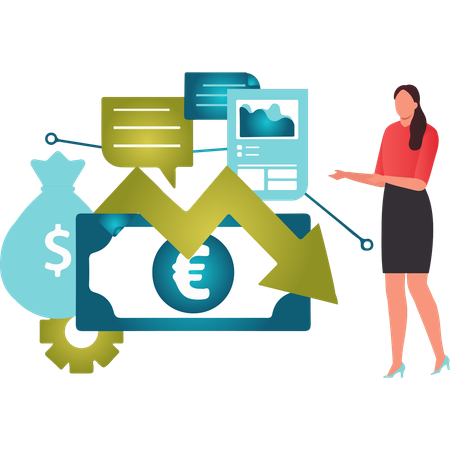Girl showing decrease graph of money  イラスト