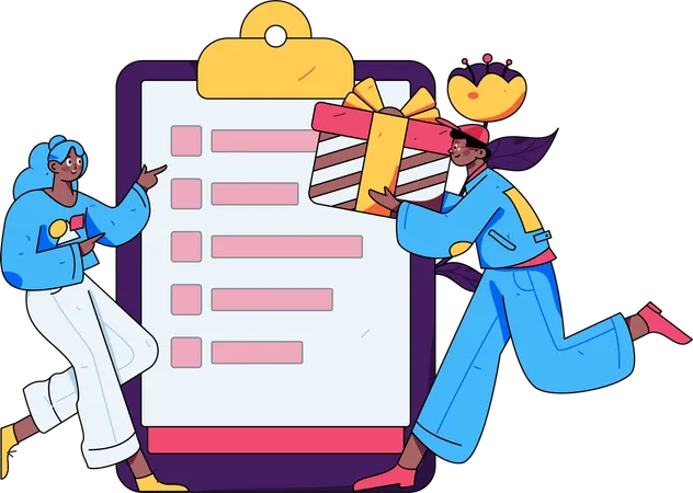 Girl showing Delivery list while boy holding gift  Illustration