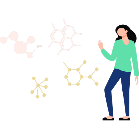 Girl showing different molecules  Illustration