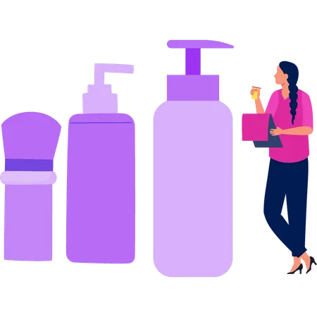 Girl showing different skin care products  Illustration