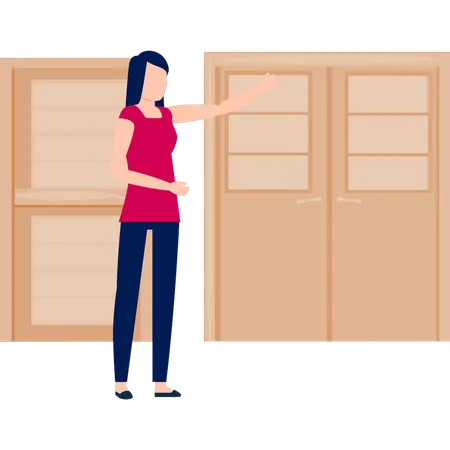 Girl showing door pane  Illustration