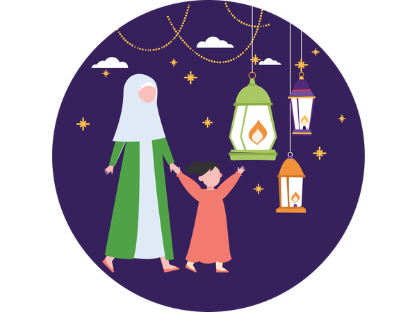 Girl showing Eid Lanterns  Illustration