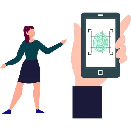 Girl showing fingerprint scanner on mobile  Illustration
