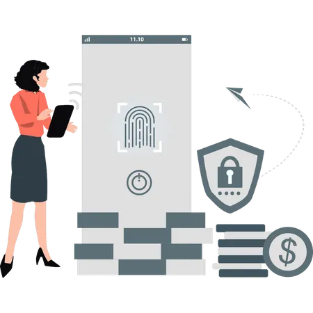 Girl showing fingerprint scanning on mobile  Illustration