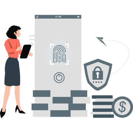 Girl showing fingerprint scanning on mobile  Illustration