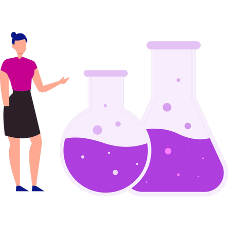 Girl showing flasks with chemicals  Illustration