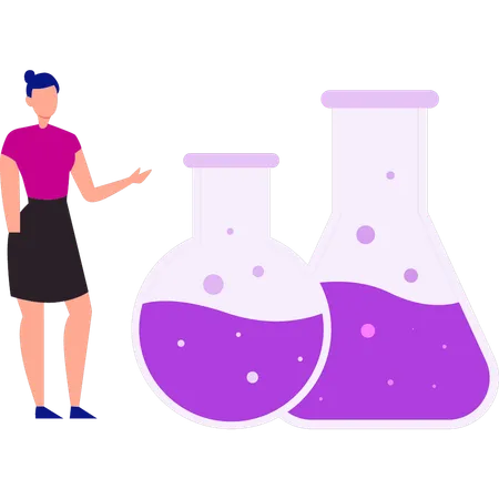 Girl Showing Flasks With Chemicals Illustration