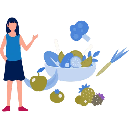 Girl showing fruit meal in bowl  Illustration