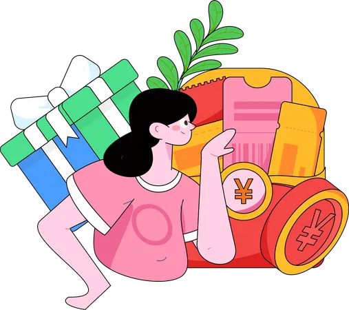 Girl showing gift and money  Illustration