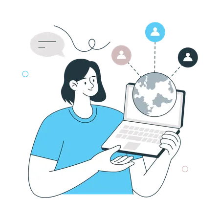 Girl showing Global Networking on laptop  Illustration
