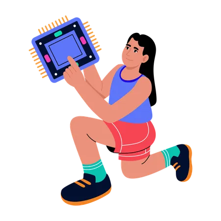 Girl showing hardware processor  Illustration