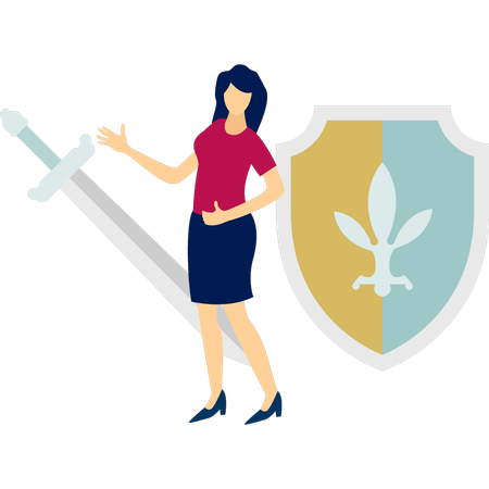 Girl showing knight sword and shield  Illustration