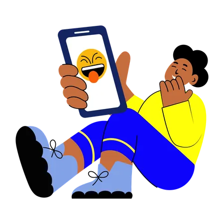 Girl showing laughing emoji on phone  Illustration
