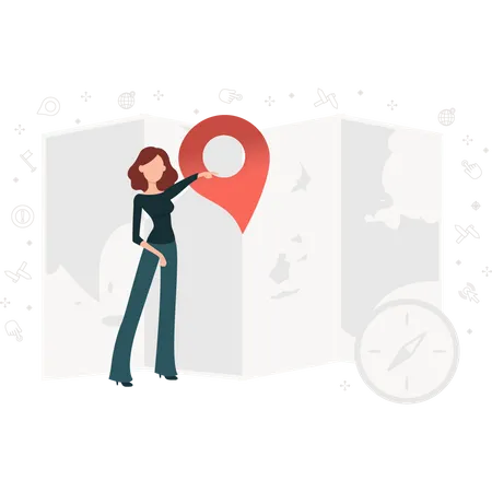Girl showing location on map Illustration