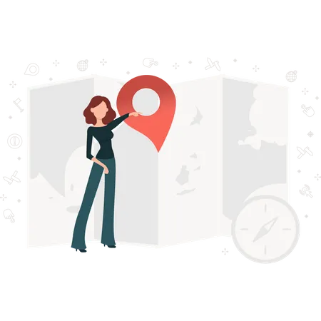 Girl showing location on map  Illustration