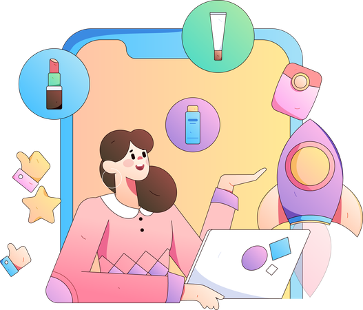 Girl showing makeup product online  Illustration