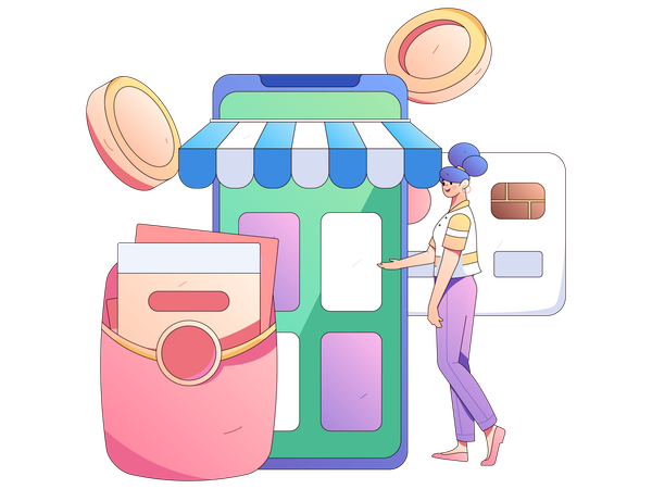 Girl showing mobile payment for shopping  Illustration