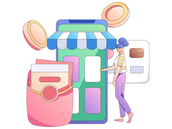Girl showing mobile payment for shopping  Illustration