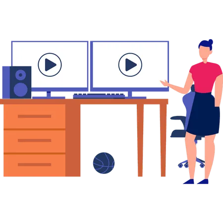 Girl Showing Monitors At Workplace Illustration