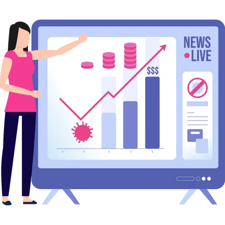 Girl showing news live graph covid drawing  Illustration