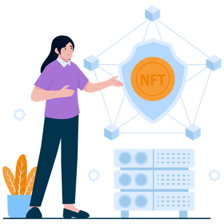 Girl showing NFT Shield in Blockchain Network  Illustration