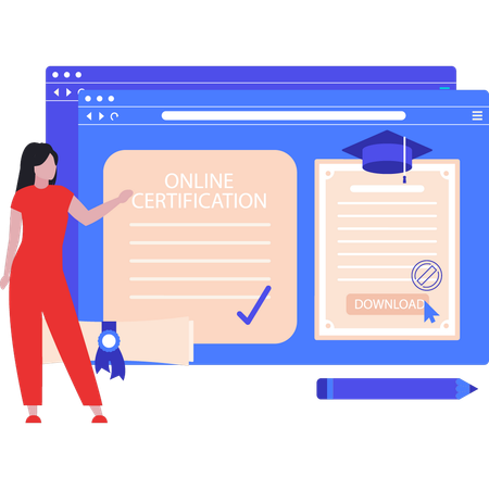 Girl showing online certification on web page  イラスト
