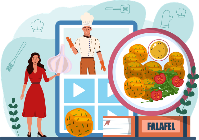 Girl showing online falafel  Illustration