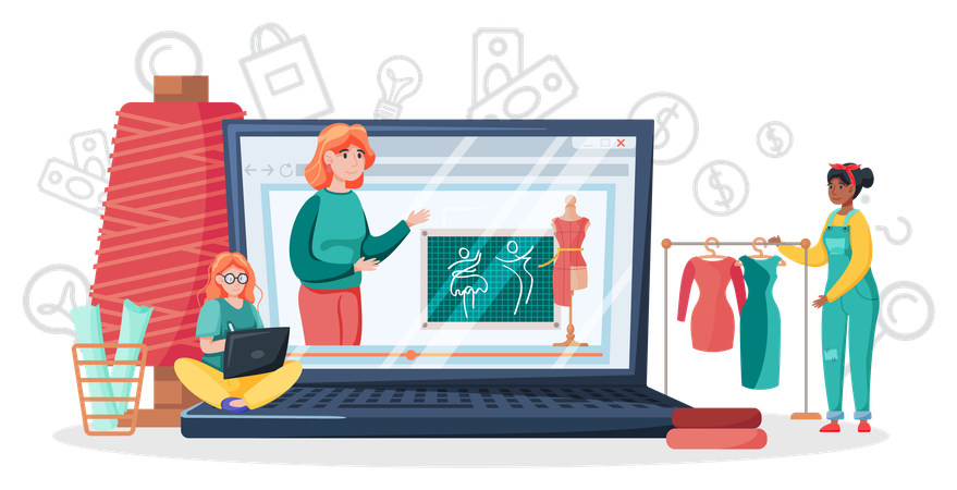 Girl showing online fashion workshop  Illustration