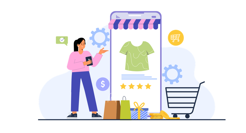 Girl showing online product review  Illustration