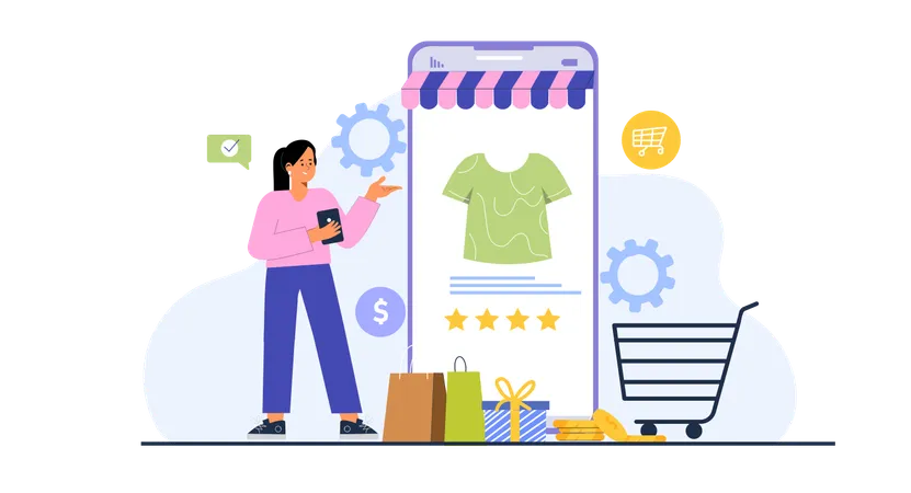 Girl showing online product review  Illustration