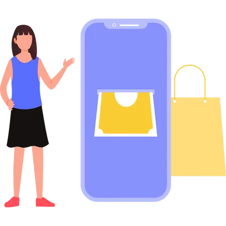 Girl showing online shopping on smartphone  Illustration