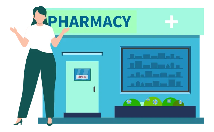 Girl Showing Pharmacy From Outside  Illustration