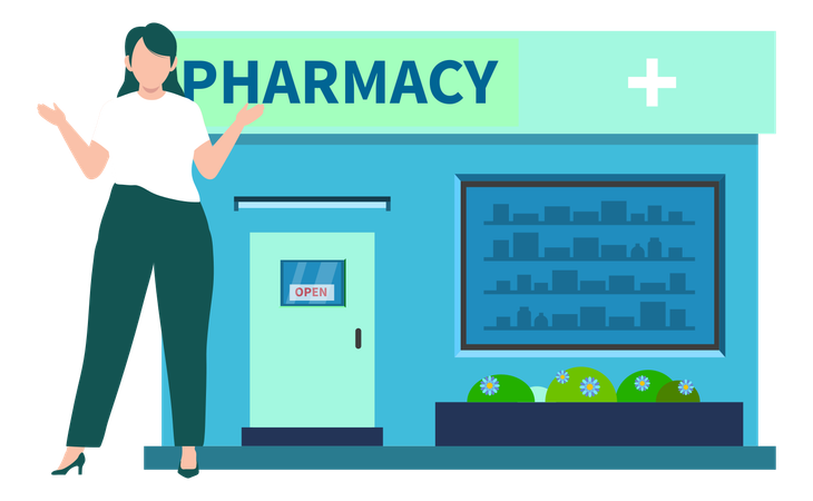 Girl Showing Pharmacy From Outside  Illustration