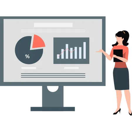 Girl showing pie and bar graph on monitor  Illustration