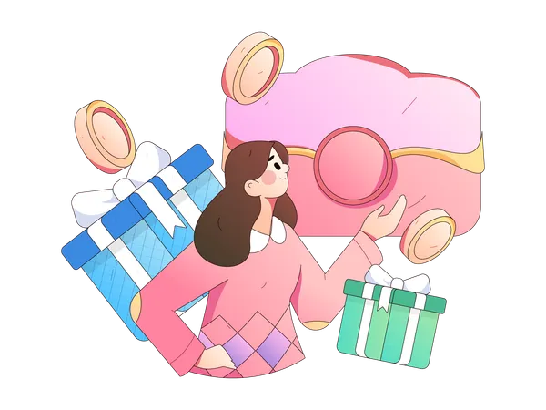 Girl showing purse and gift  Illustration