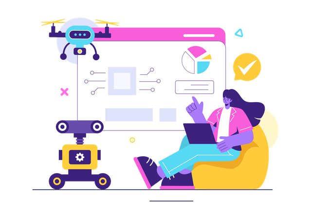 Girl showing robot analysis while working with robot technology  Illustration