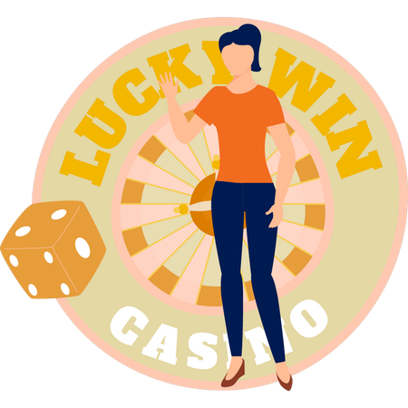 Girl showing roulette wheel for lucky win  Illustration