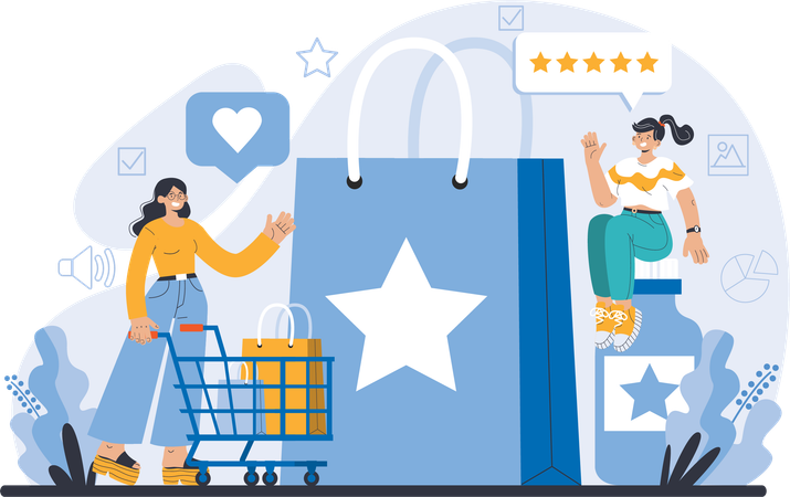 Girl showing shopping review  Illustration