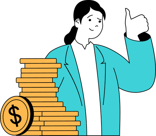 Girl showing thumb up and getting coins stack  Illustration