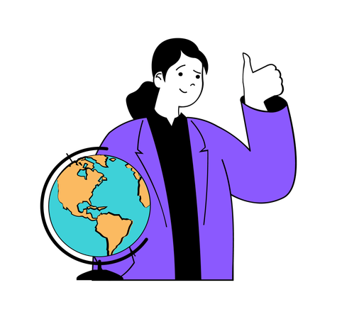 Girl showing thumb up and learning geography  Illustration