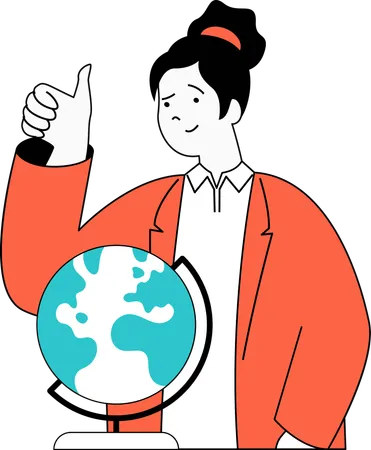 Girl showing thumb up and learning geography  Illustration