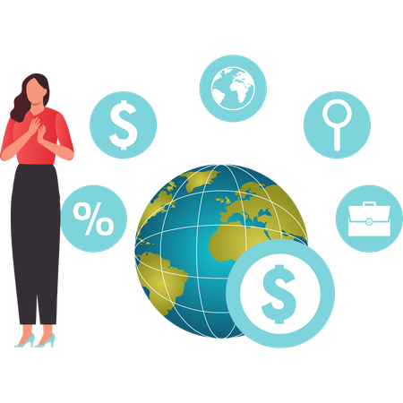 Girl showing various globally trading  Illustration