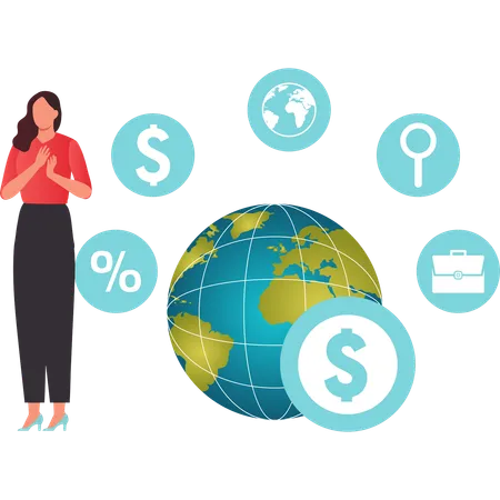 Girl showing various globally trading  Illustration