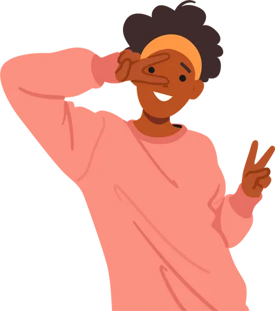 Teenage Girl Character Enthusiastically Flashes Victory Signs With Both Hands Her Fingers Forming V Shaped Peace Signs Radiating Youthful Energy And Positivity Cartoon People Vector Illustration Illustration