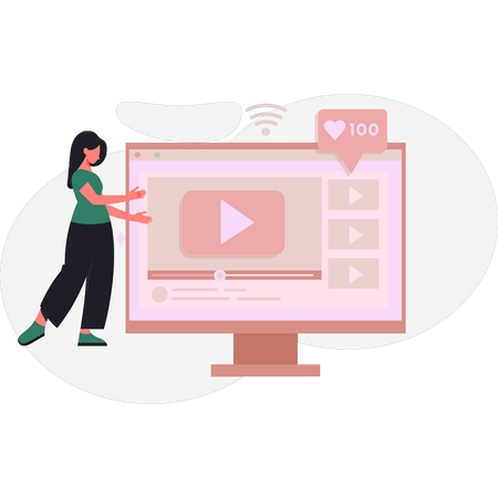 Girl showing video button on web page  Illustration